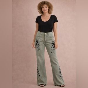 POL Herb Powder Jade Green Embroidered Twill Flare Pants | Boho Beaded High Rise